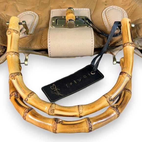 Sharif Legacy Hieroglyphic Egyptian Leather Satchel with Bamboo Handles - New - Picture 16 of 16